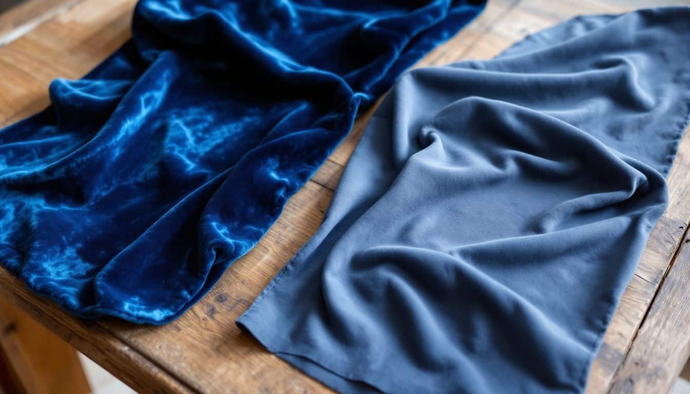 A photo of a deep blue crushed velvet cloak and jersey knit fabric for cosplay.