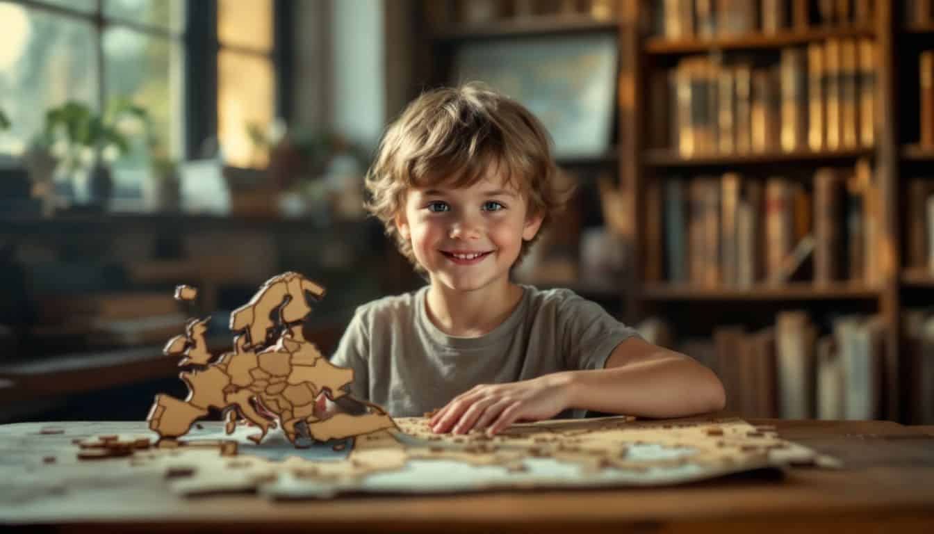 A child assembling a wooden map of Europe in a study room.