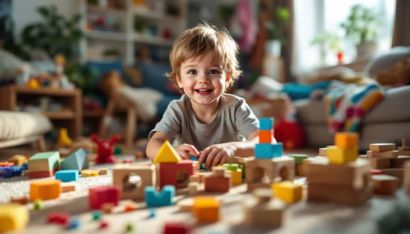 A child playing with colorful blocks and toys in a cozy living room.