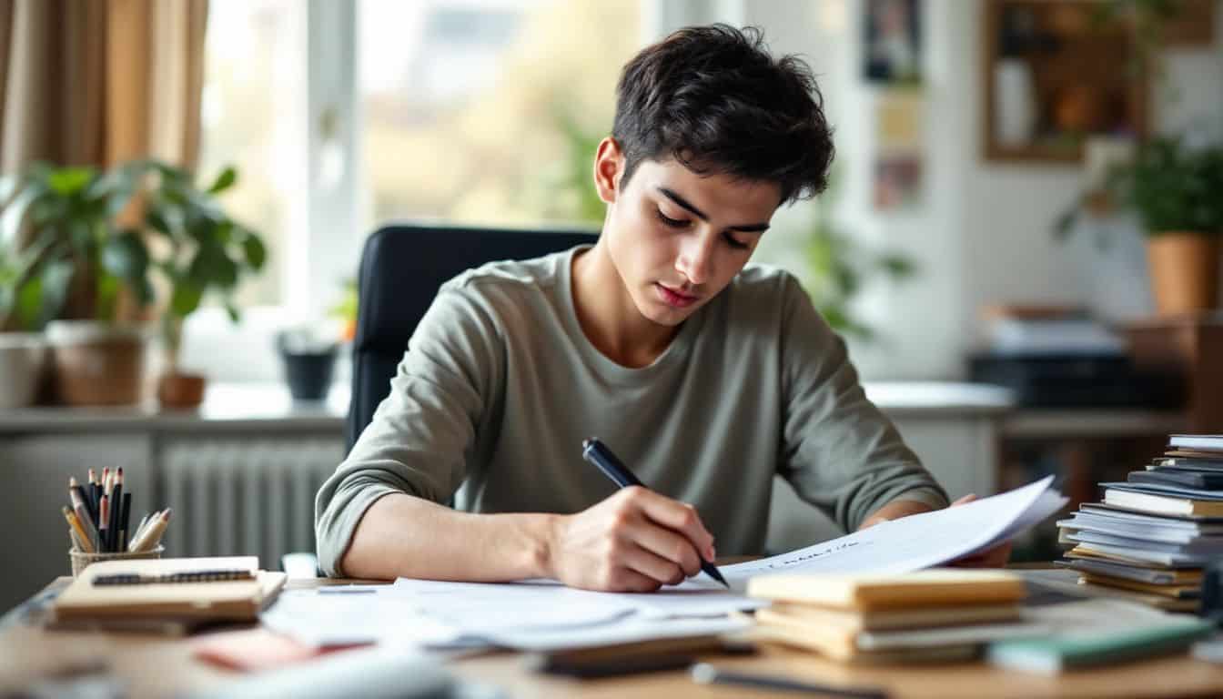 A young professional is focused on their work in a cluttered home office.