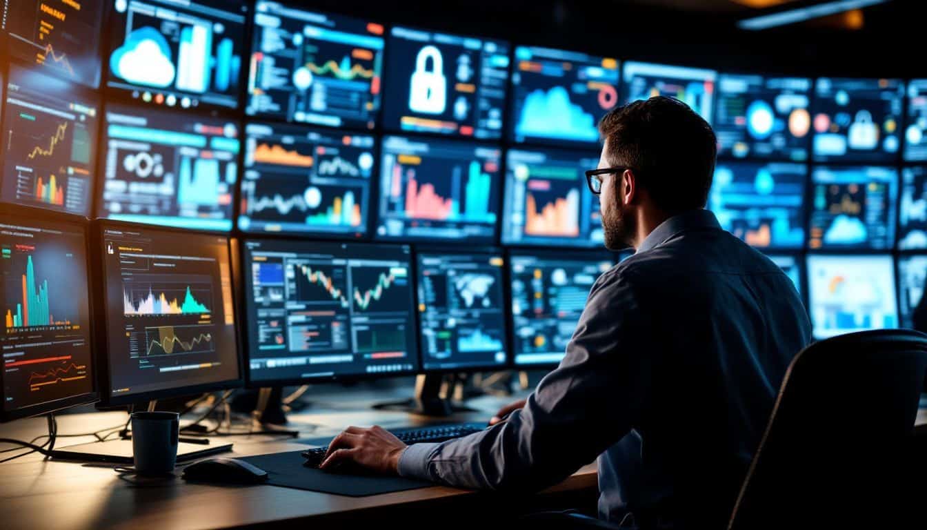 A cybersecurity expert working in a control room monitoring real-time cloud security data.