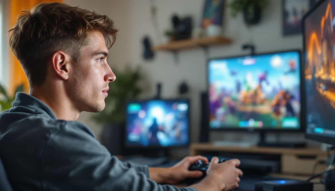 A young man deeply engaged in a gaming session with multiple screens. A young man deeply engaged in a gaming session with multiple screens.