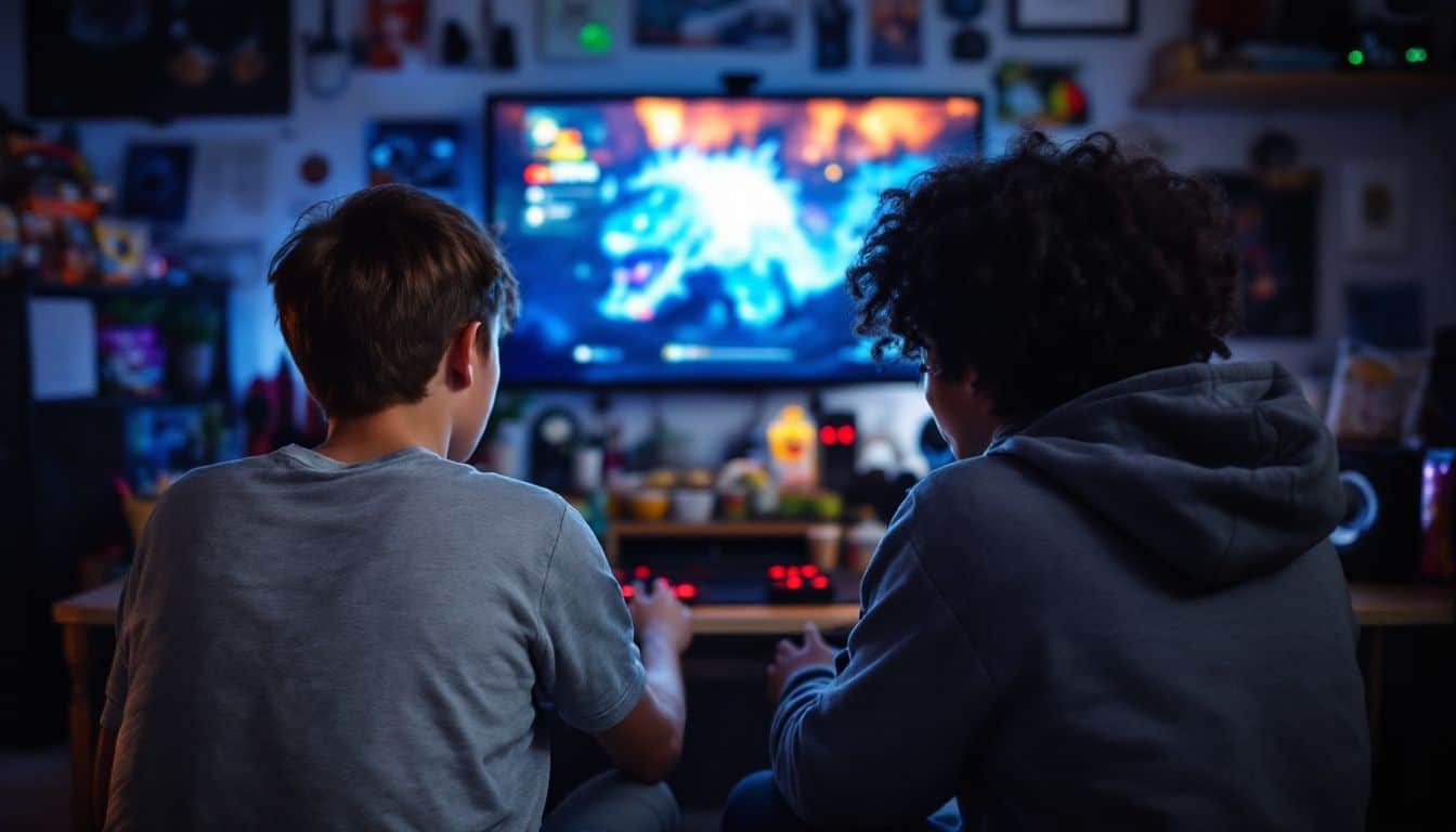 Two gamers intensely playing Zirra's monster games in cluttered room. Two gamers intensely playing Zirra's monster games in cluttered room.