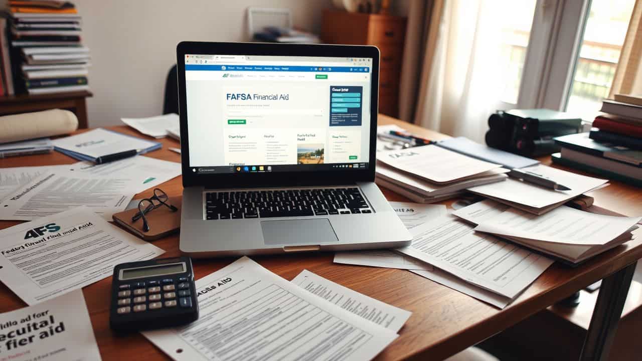 A cluttered desk with FAFSA paperwork and a laptop open.