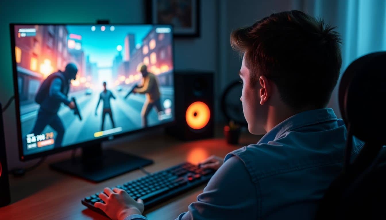 A person playing a competitive multiplayer game on a computer screen. A person playing a competitive multiplayer game on a computer screen.