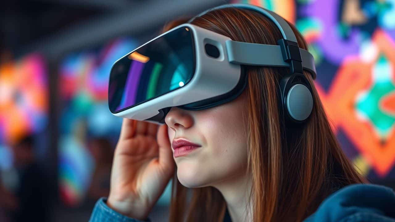 A young woman wearing VR glasses explores a colorful digital environment.