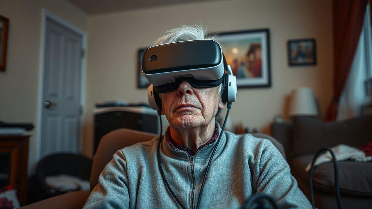 An elderly man wearing a VR headset in a cluttered living room.