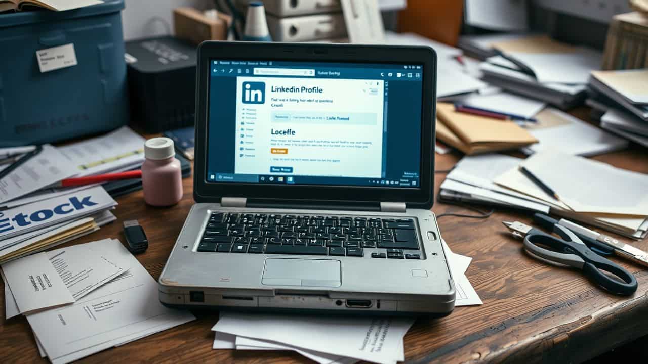 An old laptop downloading LinkedIn data onto a USB drive.