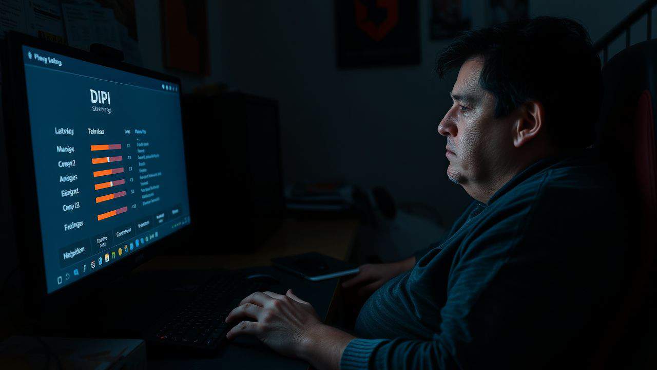 A person adjusting gaming mouse settings at a messy desk. A person adjusting gaming mouse settings at a messy desk.