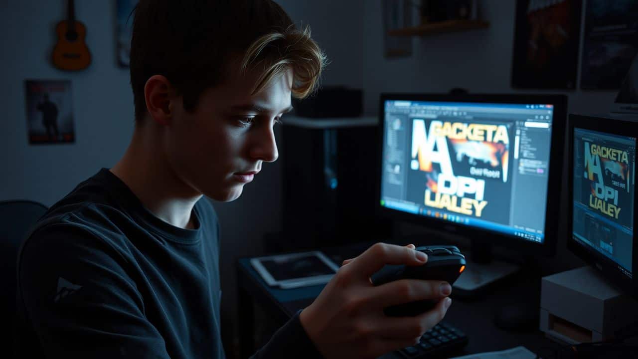 A teenage boy adjusts gaming mouse DPI settings in a cluttered room. A teenage boy adjusts gaming mouse DPI settings in a cluttered room.
