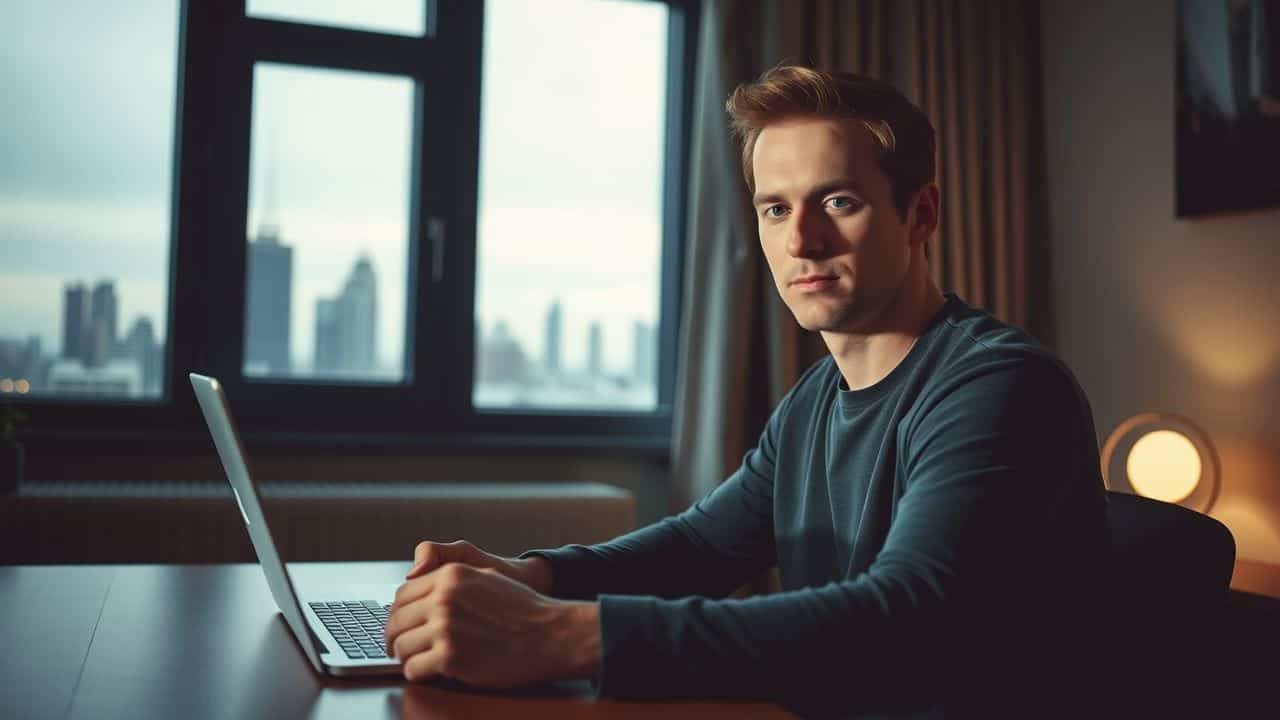 A man in his 30s sits at a desk with a laptop applying a VPN for online privacy and security.