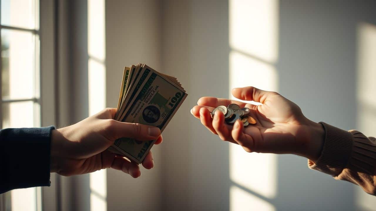 A person holds cash while receiving coins in a peer-to-peer transaction.