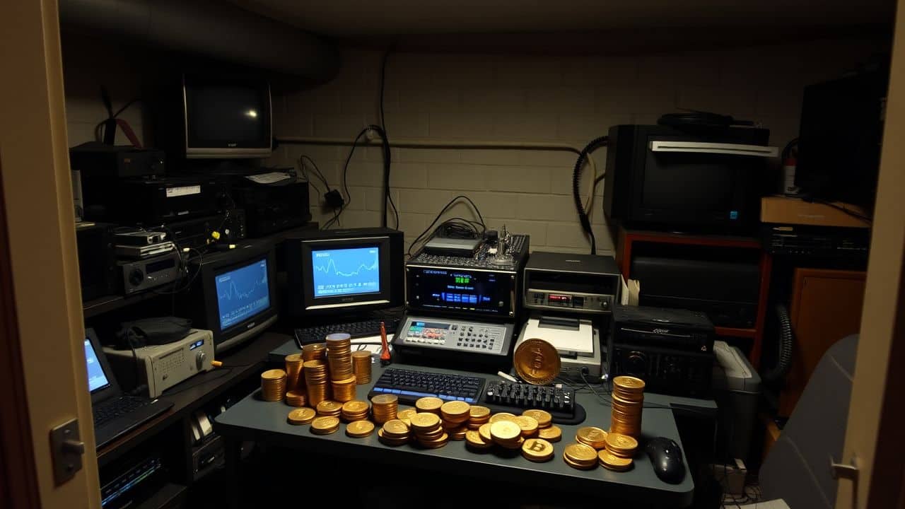 A cluttered basement room with electronic devices and a Bitcoin mixer.