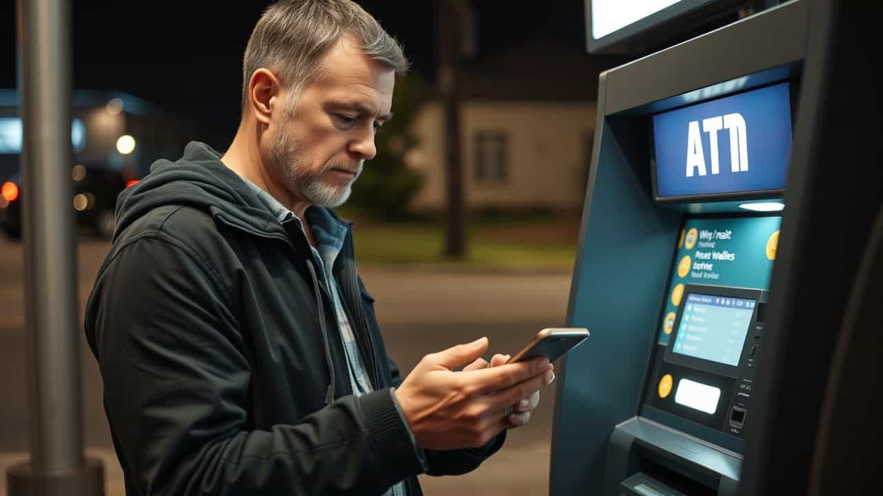 A man in his 30s using a Bitcoin ATM at night.