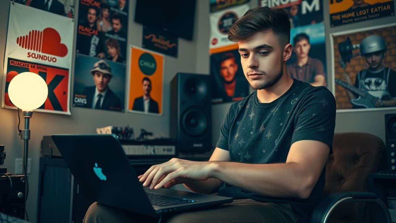 A young musician using SoundCloud in a cozy home studio.