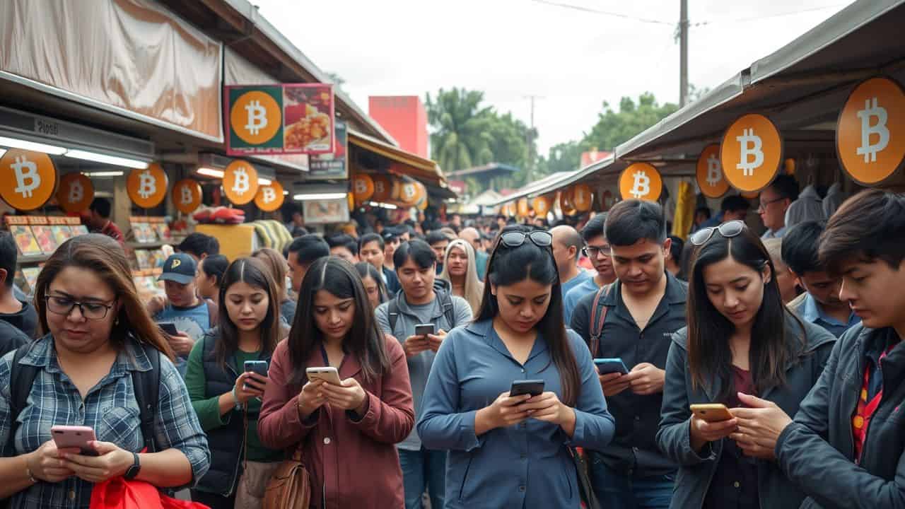 A busy outdoor market where people use smartphones for Bitcoin transactions.