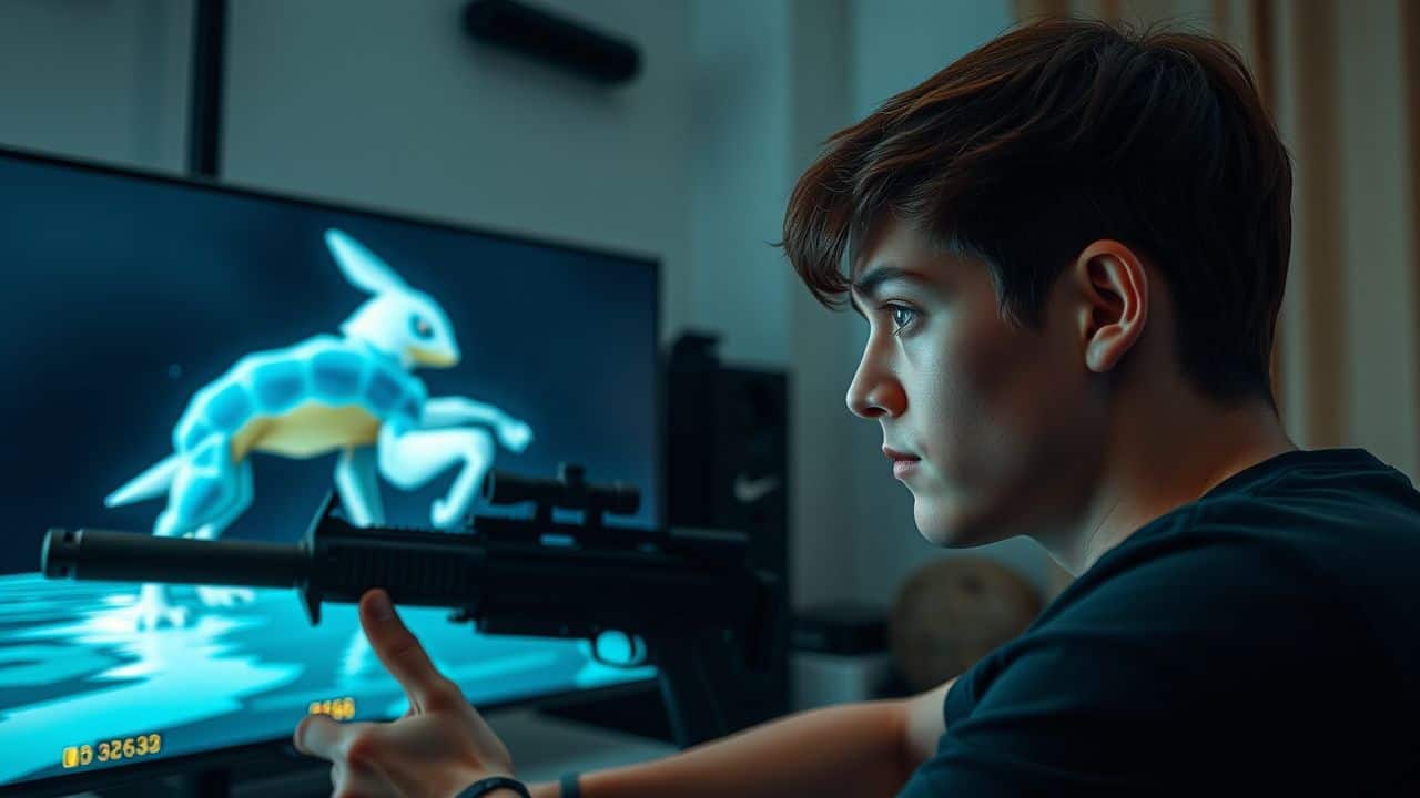A young adult intensely focused on a futuristic screen in a gaming room.