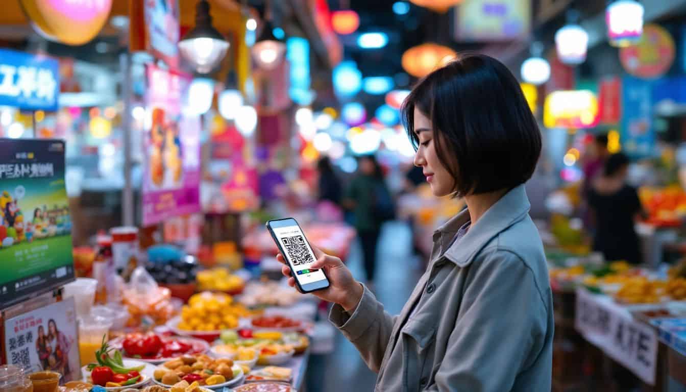 A person scans a QR code in a busy city market. A person scans a QR code in a busy city market.