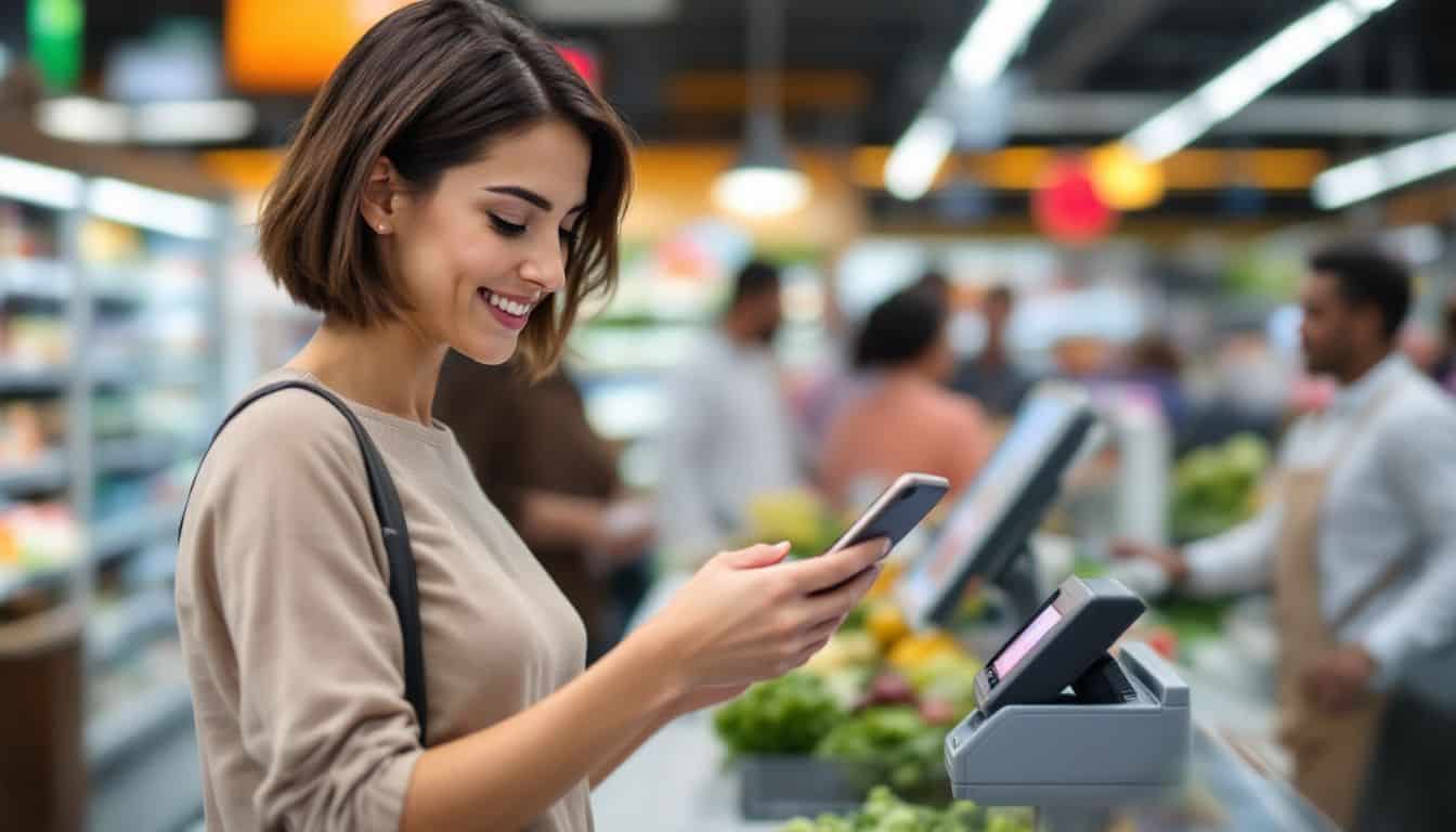 A woman in her 30s makes a contactless payment at a grocery store. A woman in her 30s makes a contactless payment at a grocery store.
