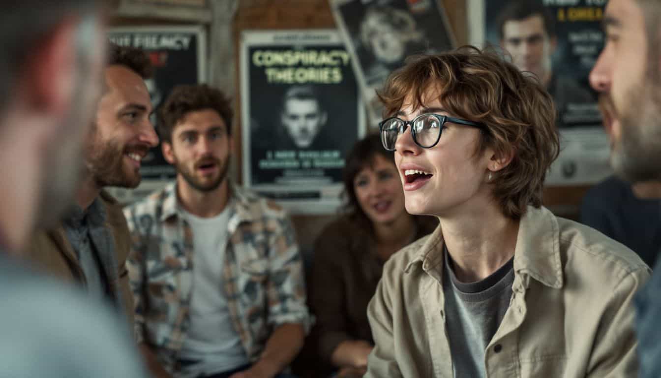 A diverse group engages in animated conversations surrounded by conspiracy posters. A diverse group engages in animated conversations surrounded by conspiracy posters.