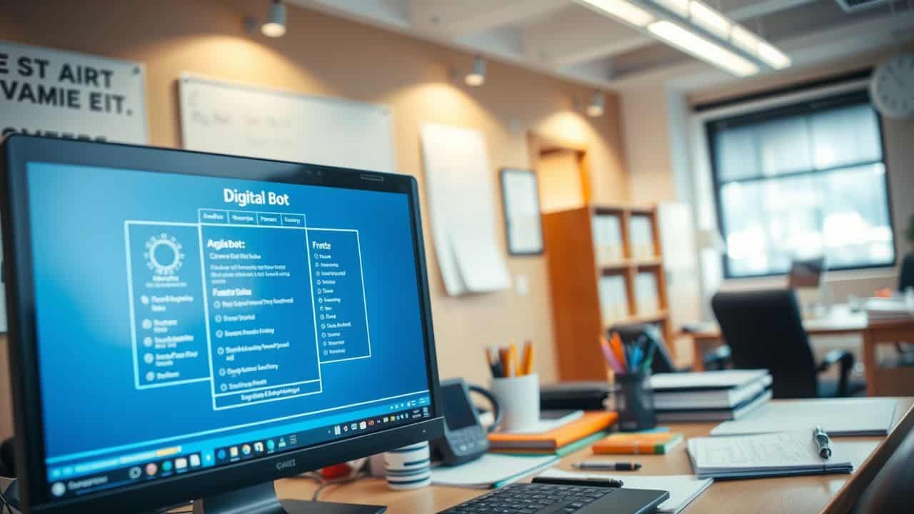 An office desk with clutter and a computer running a digital bot. An office desk with clutter and a computer running a digital bot.