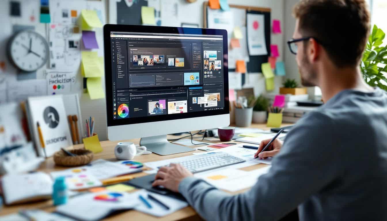 A cluttered desk with design materials and computer screen showing user interface tool.