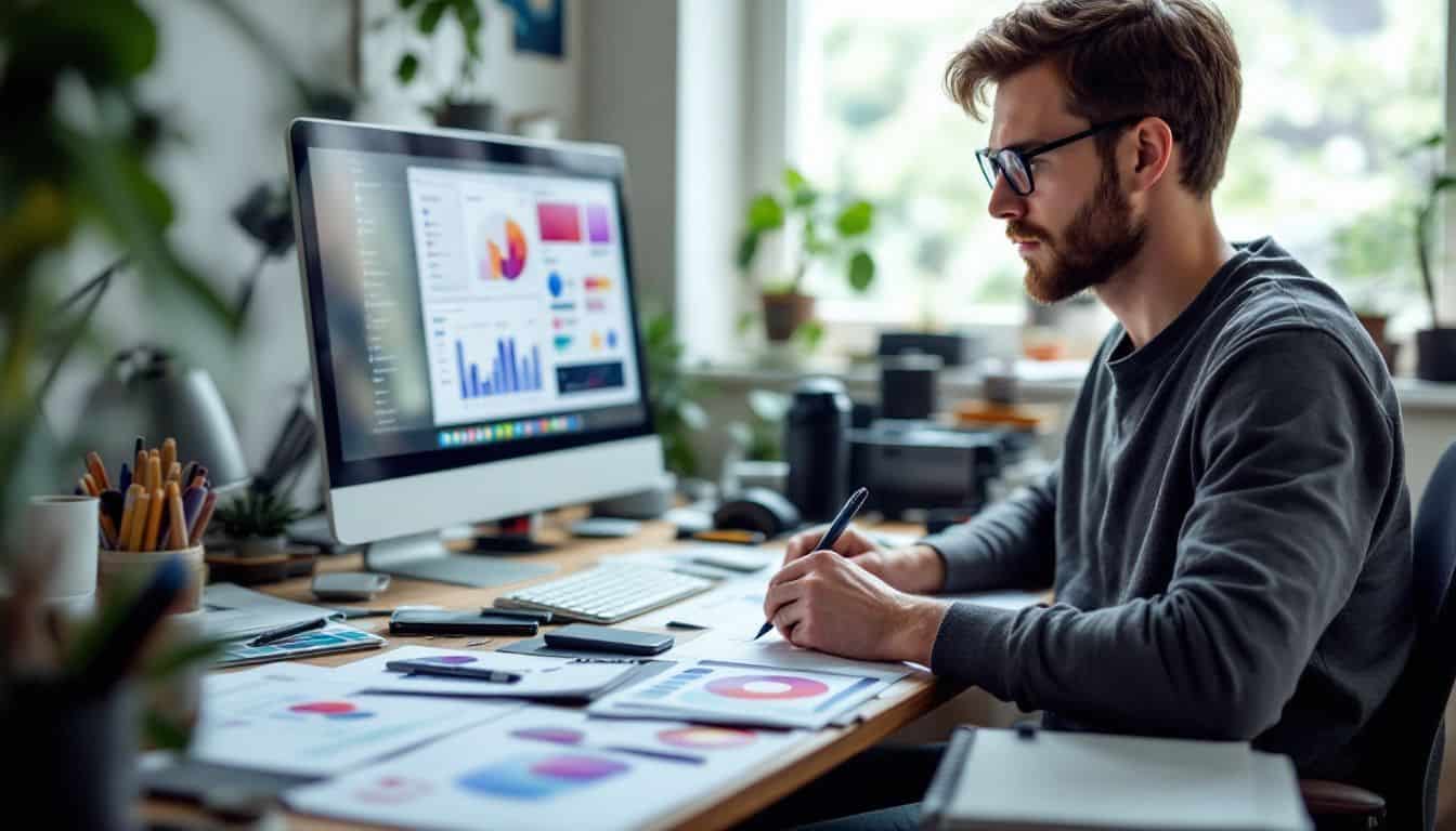 A male UI designer in his late 20s focuses on designing an app interface at his cluttered desk.