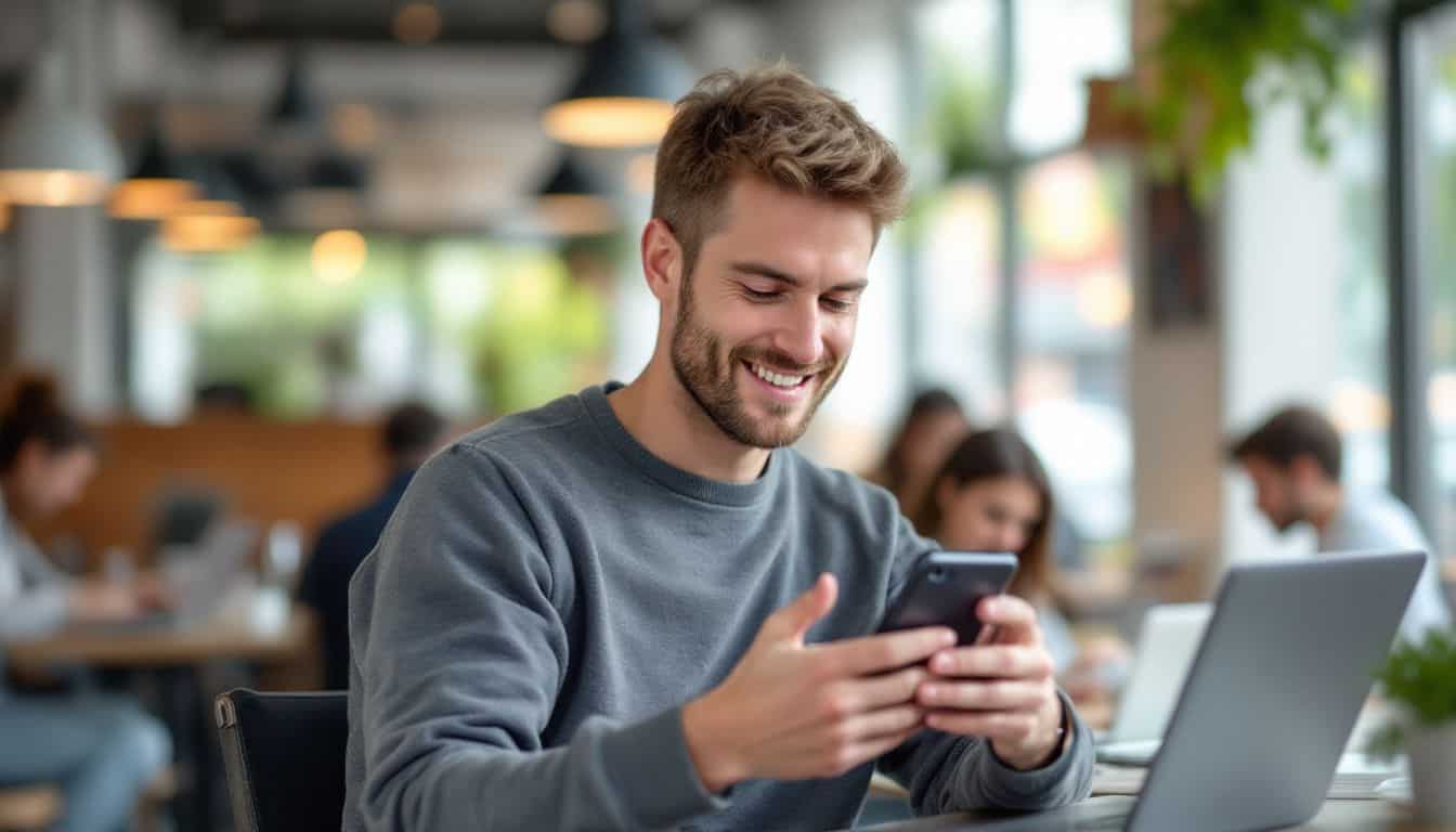 A man casually uses strong encryption software on his phone at a coffee shop. A man casually uses strong encryption software on his phone at a coffee shop.
