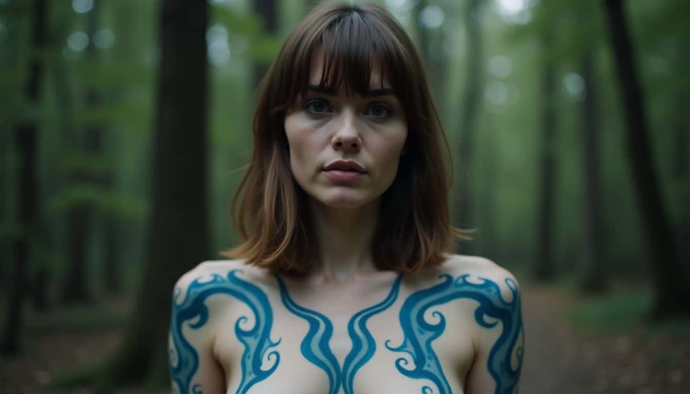 A woman with blue smoke pattern tattoos in a forest setting. A woman with blue smoke pattern tattoos in a forest setting.