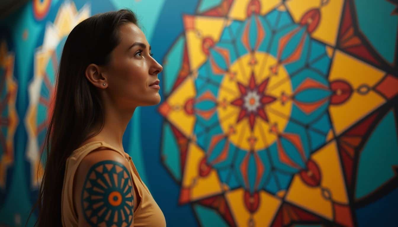 A woman with a geometric sleeve tattoo admires a colorful mural. A woman with a geometric sleeve tattoo admires a colorful mural.