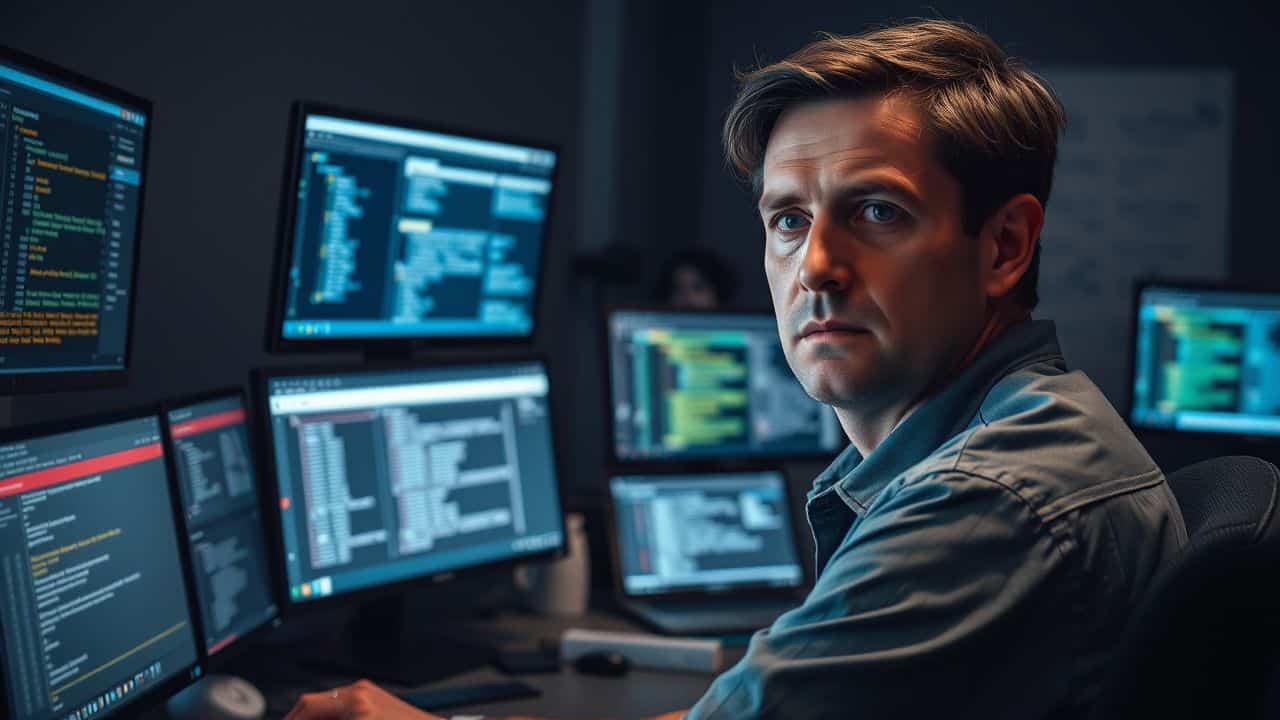 A late 30s information security analyst working late in their office.