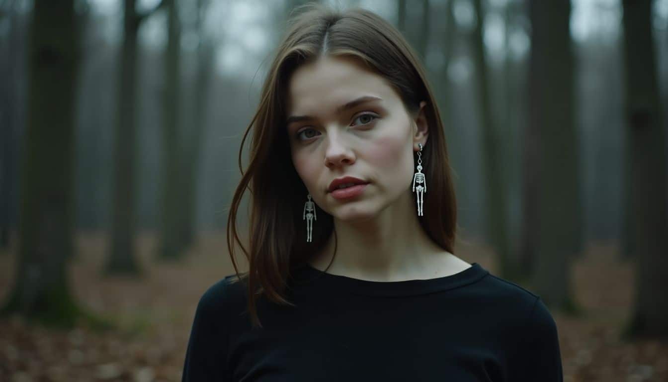 A young woman with gothic earrings in front of a forest. A young woman with gothic earrings in front of a forest.