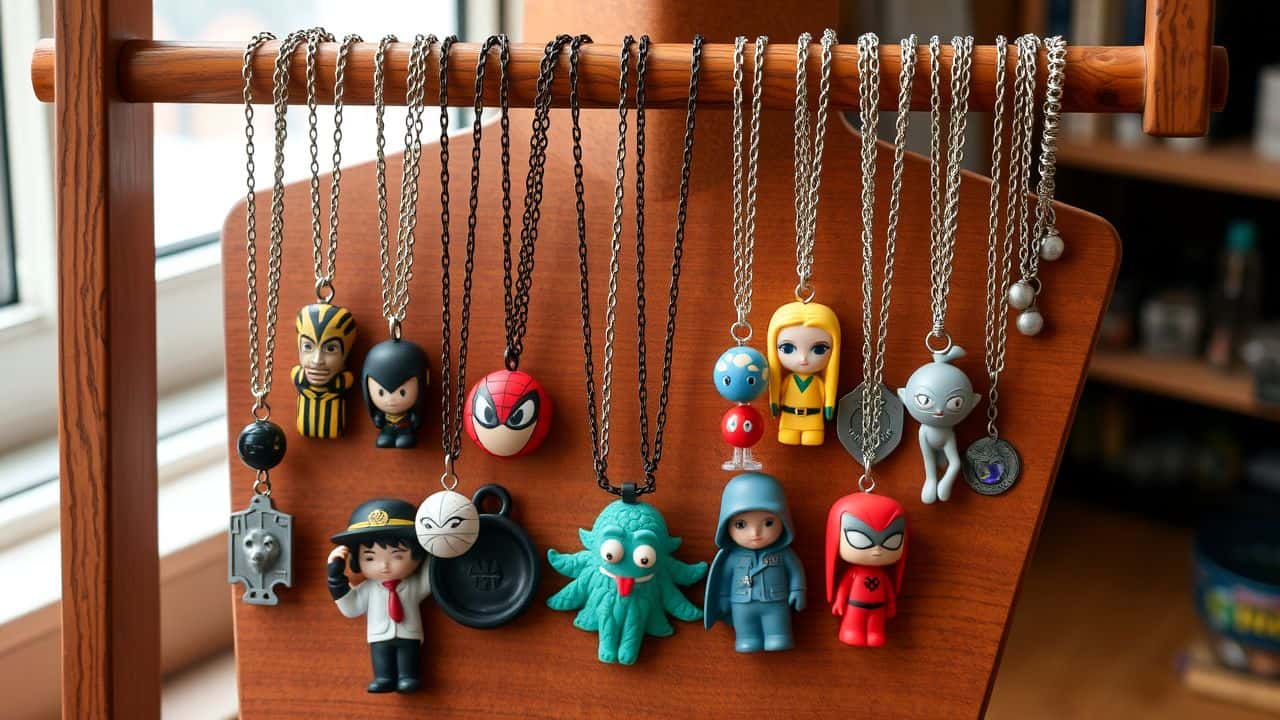 A collection of character-inspired necklaces displayed on a wooden jewelry stand. A collection of character-inspired necklaces displayed on a wooden jewelry stand.