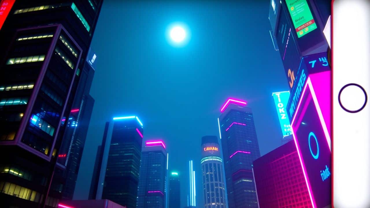 A nighttime cityscape with modern buildings and vibrant neon lights. A nighttime cityscape with modern buildings and vibrant neon lights.