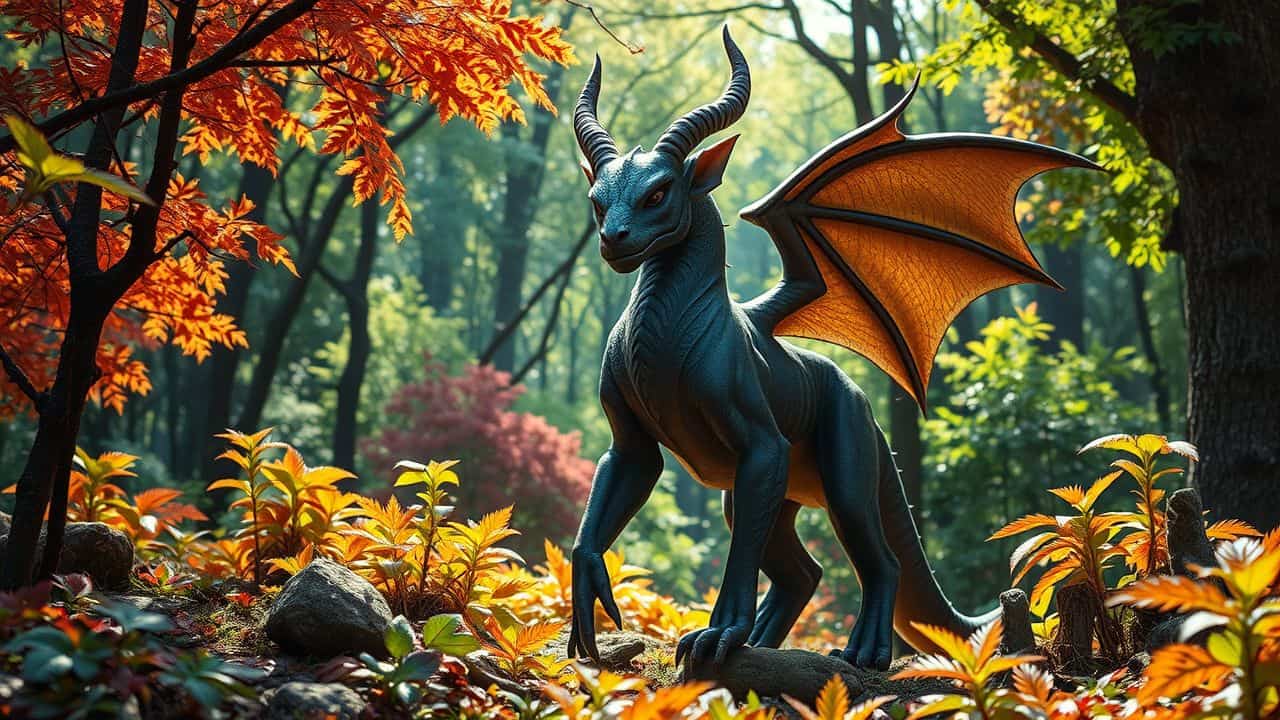A mythical creature standing in a vibrant fantasy forest. A mythical creature standing in a vibrant fantasy forest.