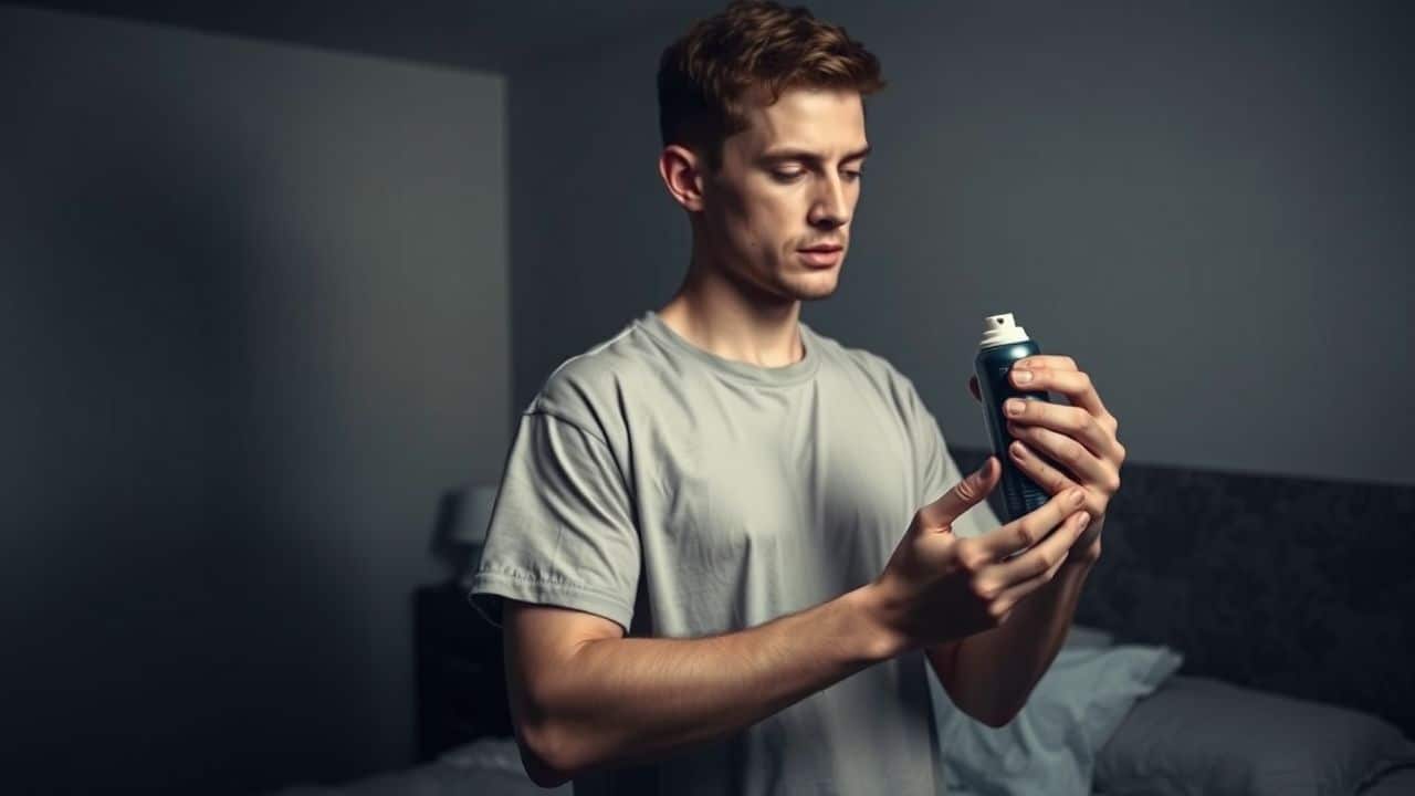 A man in his 20s is applying antiperspirant spray before bed.