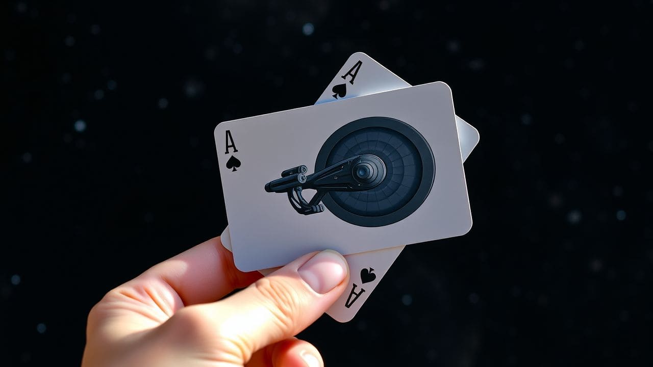 A hand holding a poker card featuring USS Enterprise NCC-1701-D design. A hand holding a poker card featuring USS Enterprise NCC-1701-D design.