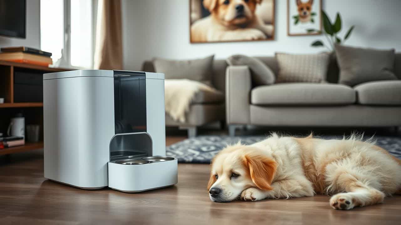 An automated pet feeder with health tracking features in a modern living room.