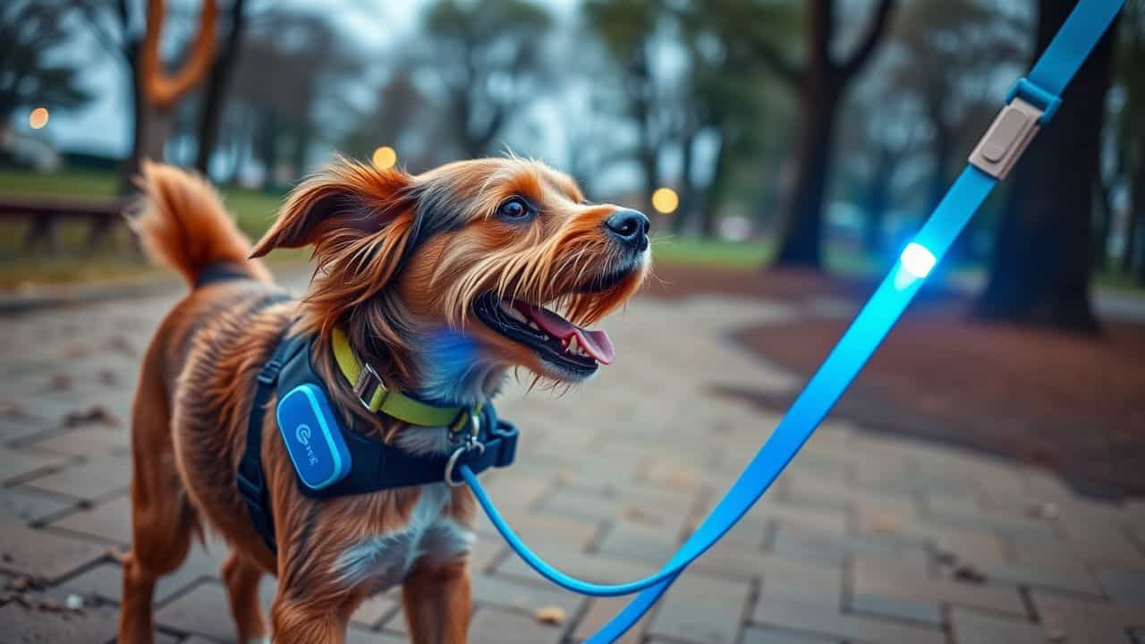 A playful dog wearing smart wearables plays in a park.