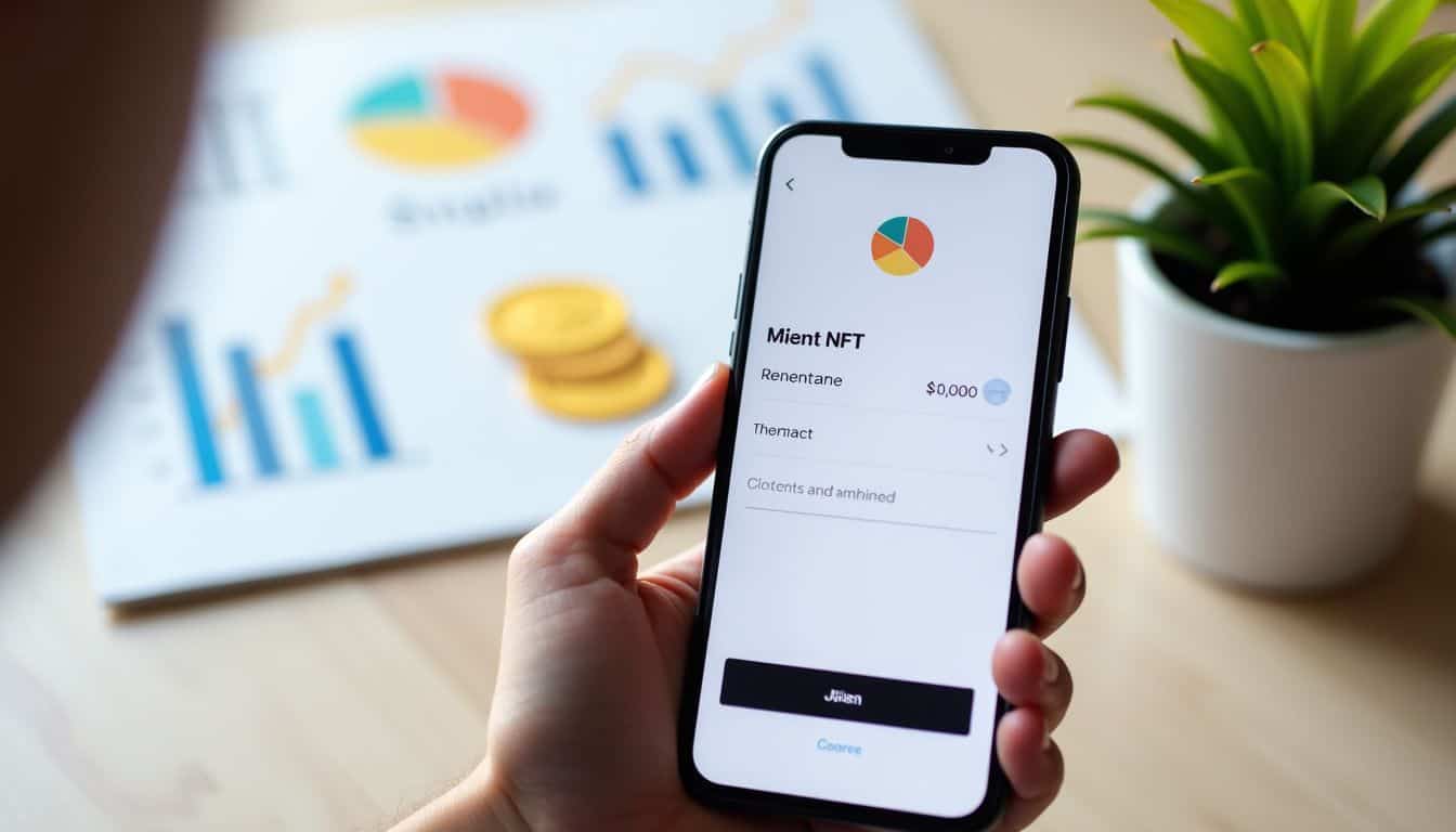 A smartphone displaying a digital wallet app for minting NFTs. A smartphone displaying a digital wallet app for minting NFTs.
