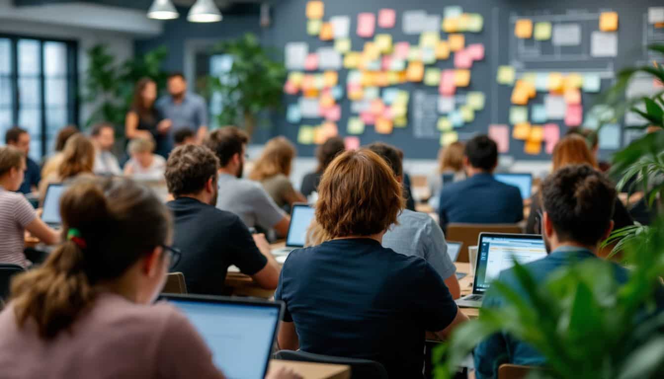 A bustling coworking space with people working on laptops and vibrant atmosphere. A bustling coworking space with people working on laptops and vibrant atmosphere.