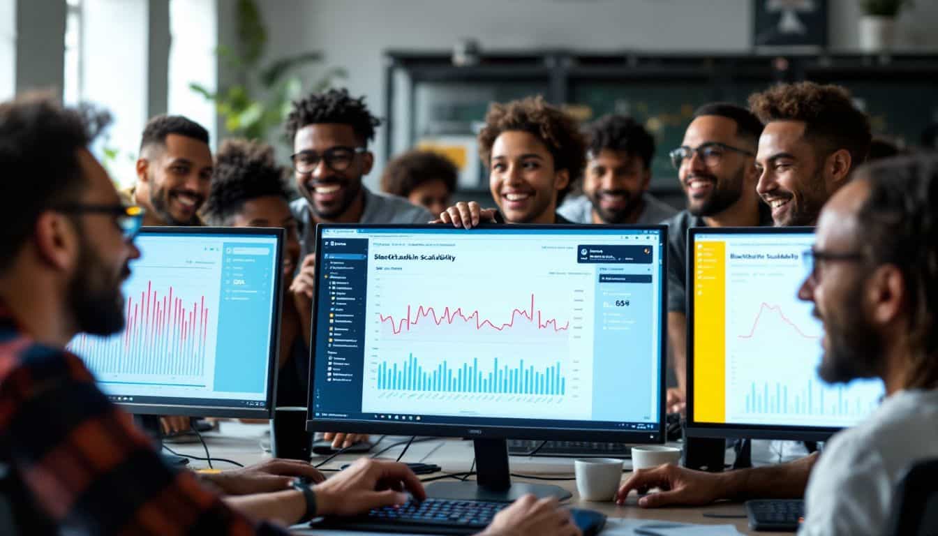 Diverse computer programmers working on Solana's blockchain scalability in tech hub. Diverse computer programmers working on Solana's blockchain scalability in tech hub.