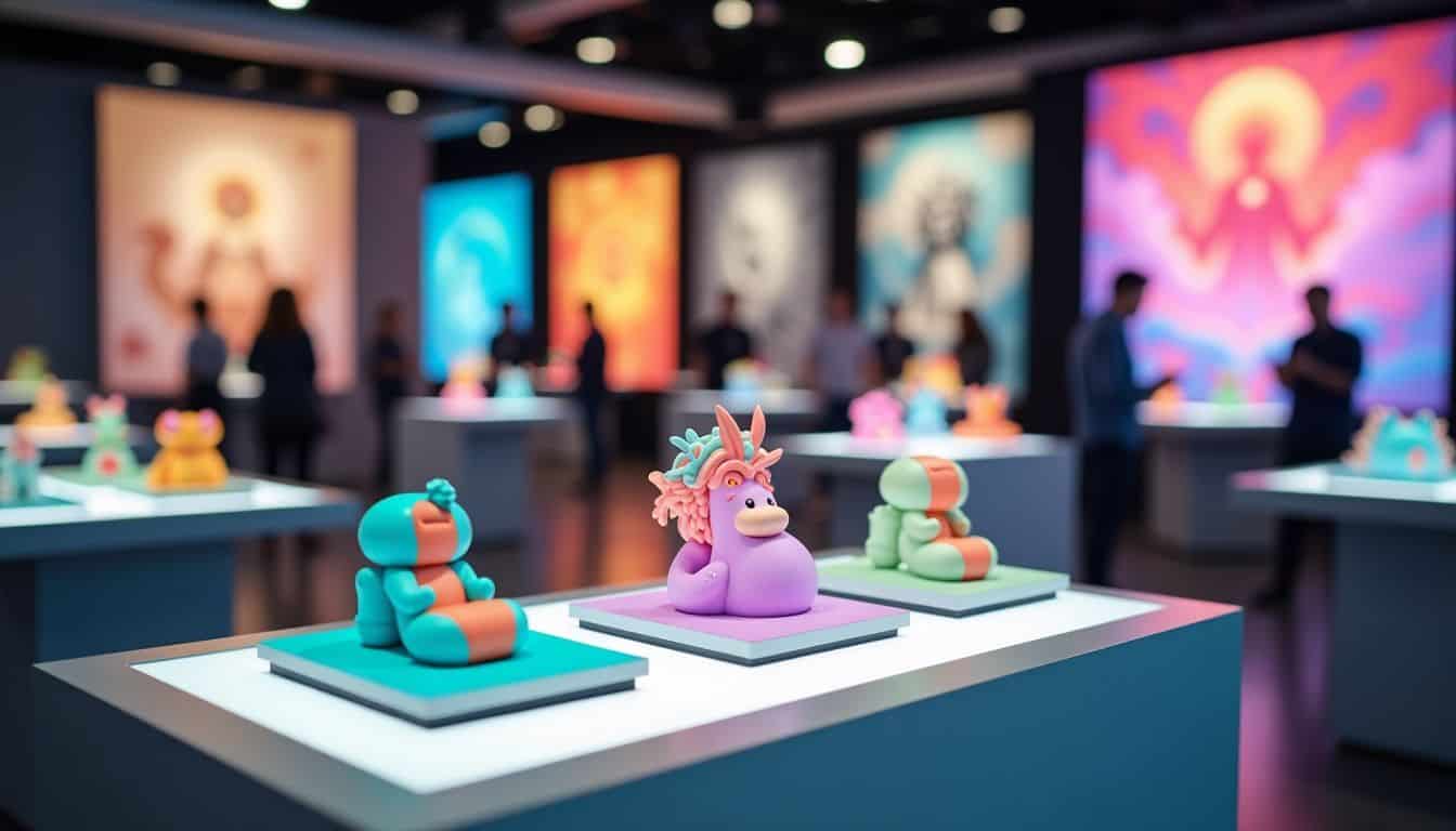 An NFT marketplace showcasing diverse digital artworks on a modern platform. An NFT marketplace showcasing diverse digital artworks on a modern platform.