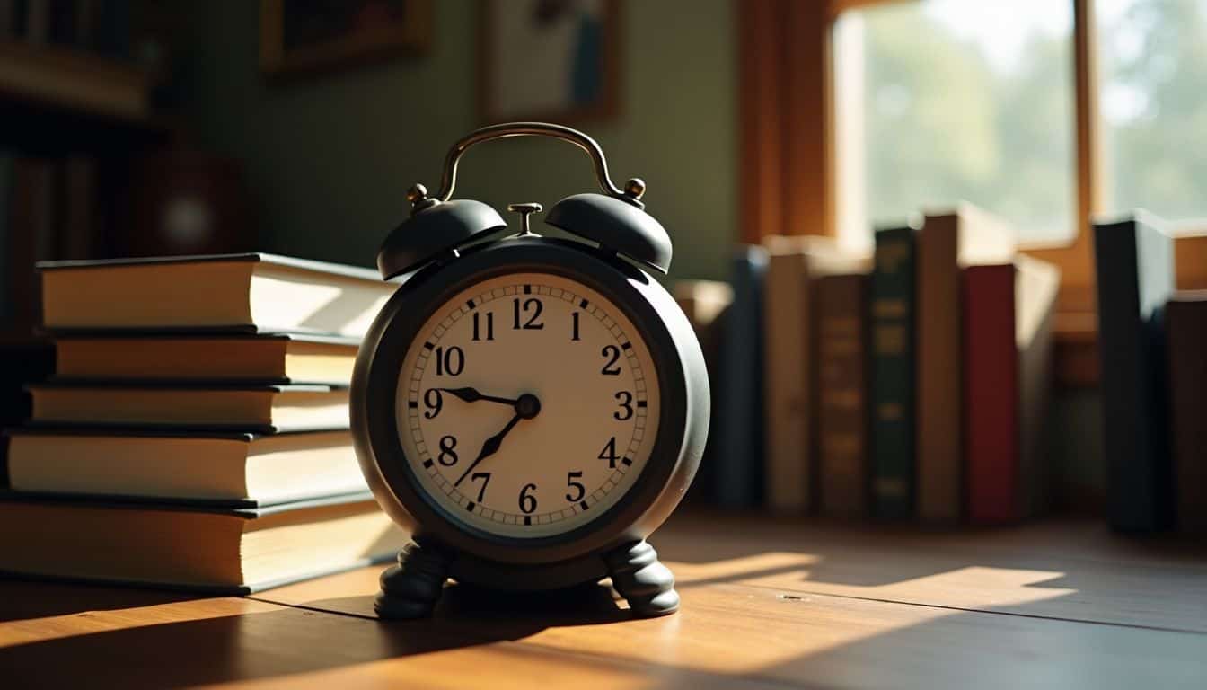 An antique clock ticking in a cozy room with scattered books.