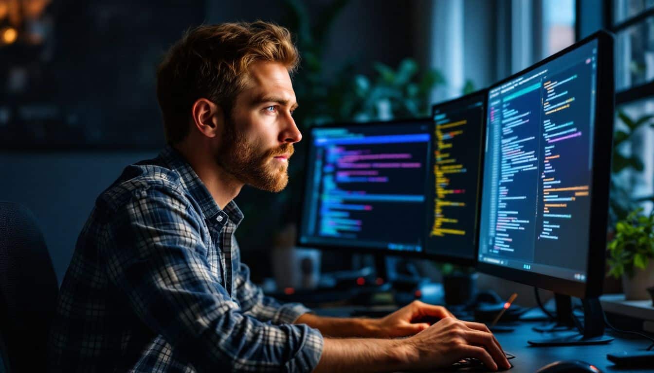 A focused software developer works on complex coding at his desk. A focused software developer works on complex coding at his desk.