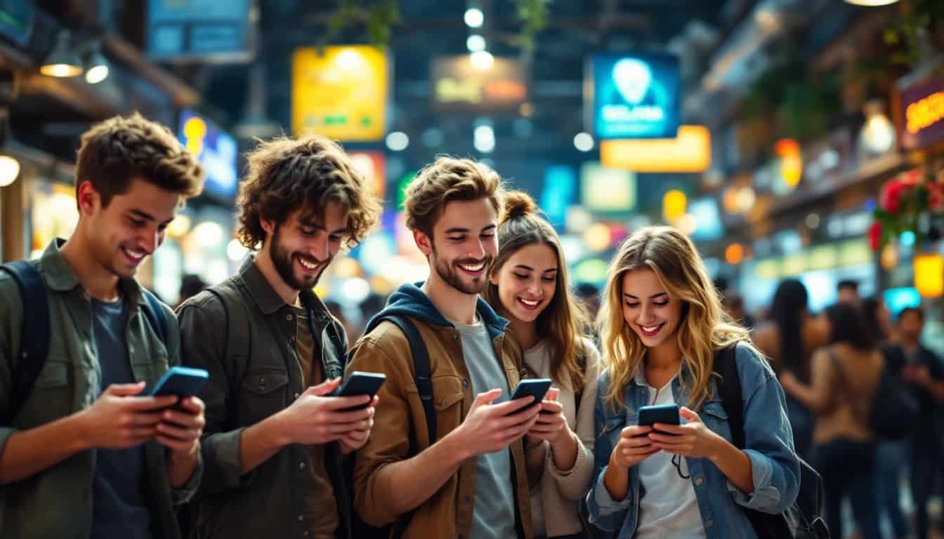 Young adults engage excitedly in a vibrant NFT marketplace. Young adults engage excitedly in a vibrant NFT marketplace.