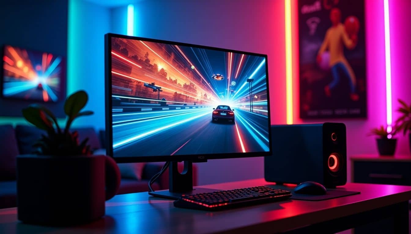 A gaming monitor displays vibrant, fast-moving game graphics in a dimly lit room.