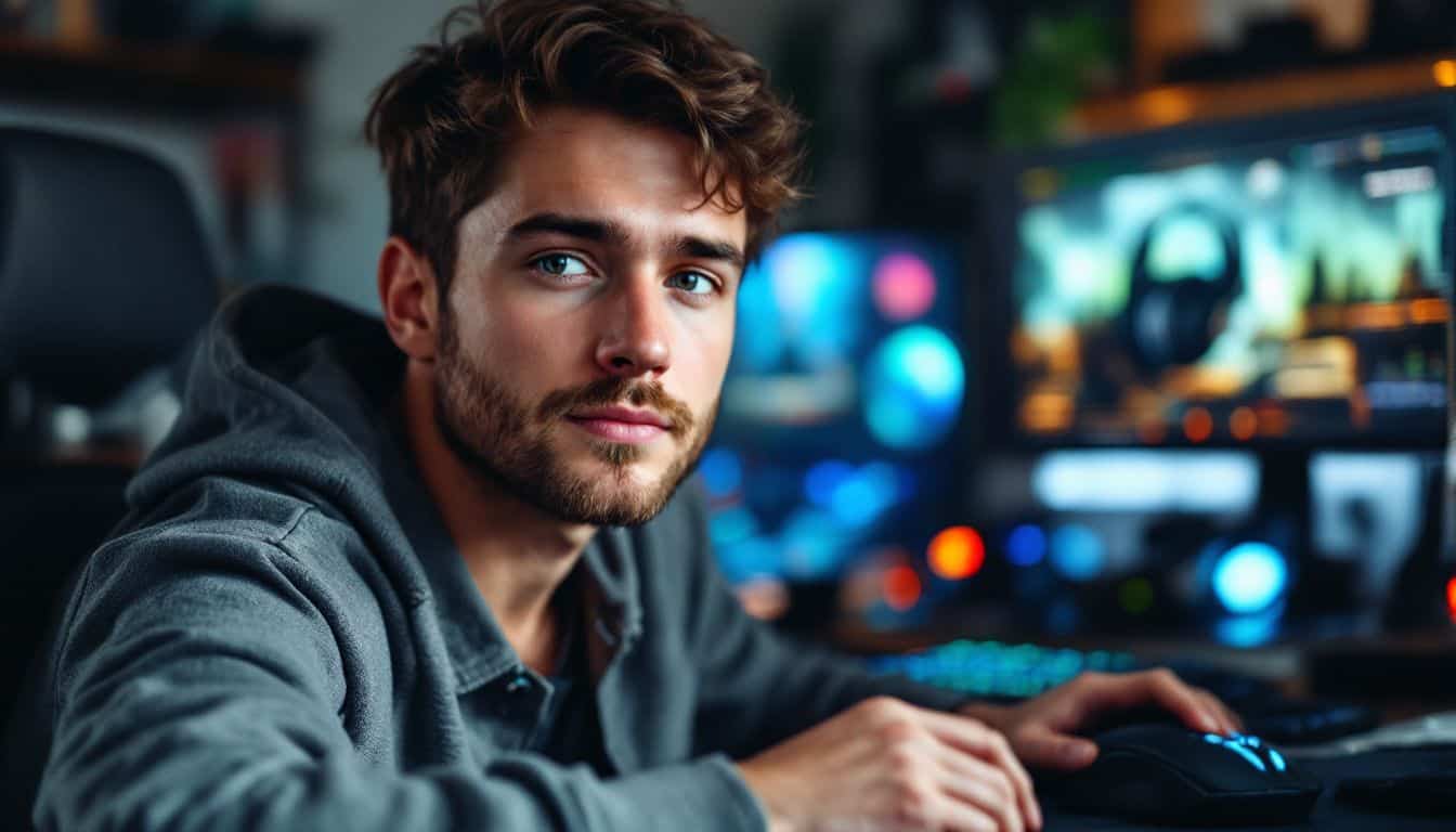 A focused young man sits in front of his gaming setup.