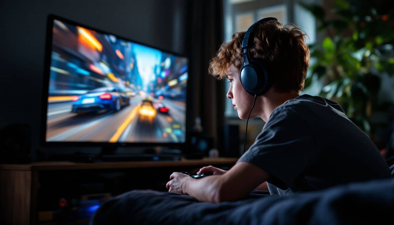 A teenage boy intensely plays a fast-paced video game in a cluttered room. A teenage boy intensely plays a fast-paced video game in a cluttered room.