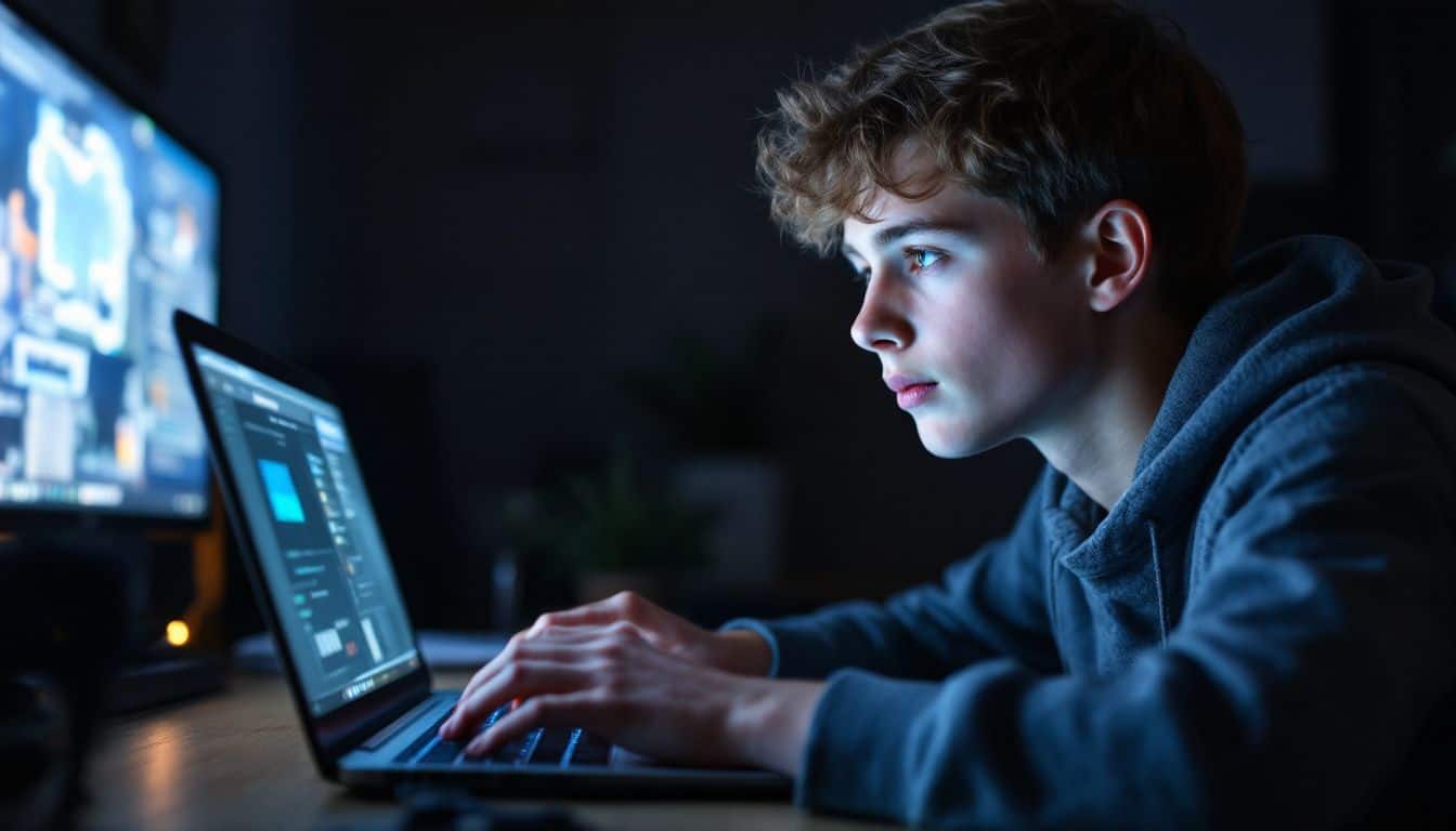 A teenage boy plays a game on his laptop late at night. A teenage boy plays a game on his laptop late at night.
